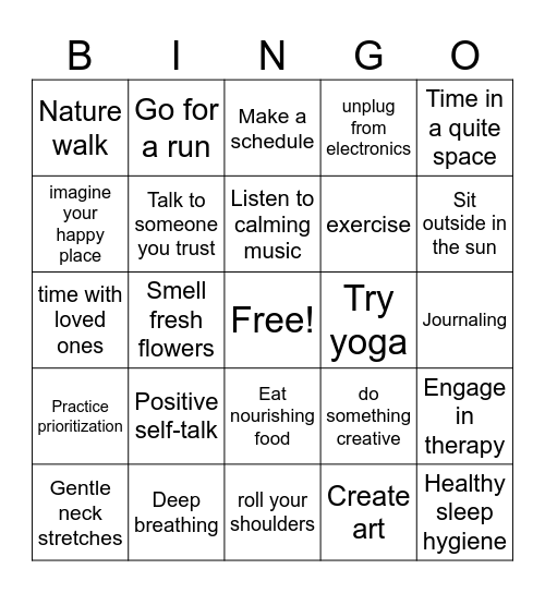 Stress Reduction Bingo Card