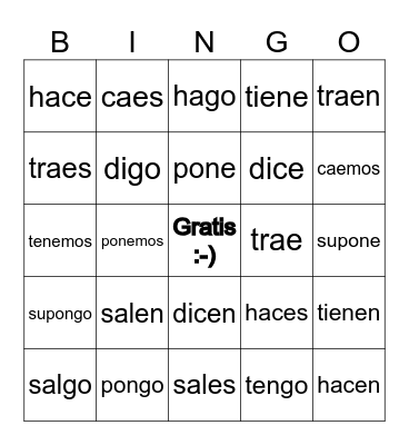 Yo Go Verbs Bingo Card