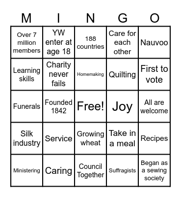 Relief Society Bingo Card