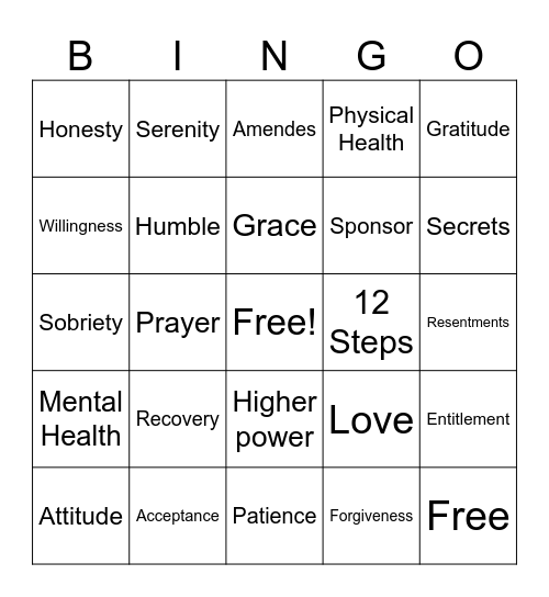 Recovery Bingo Card