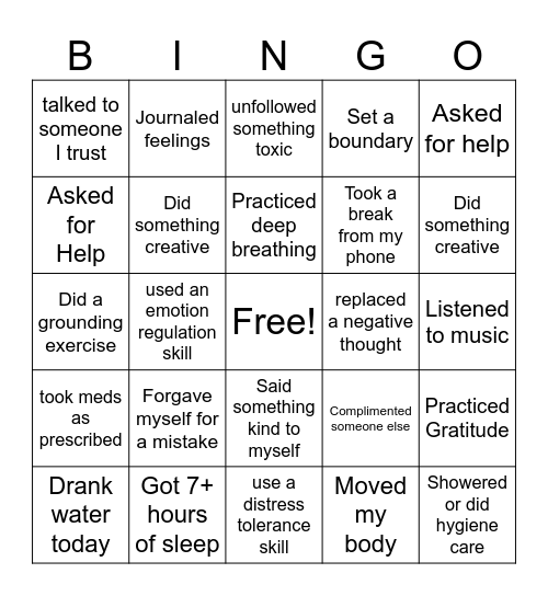 Self-Love Bingo Card
