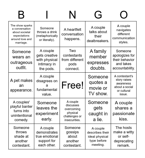 Love Is Blind Bingo Card