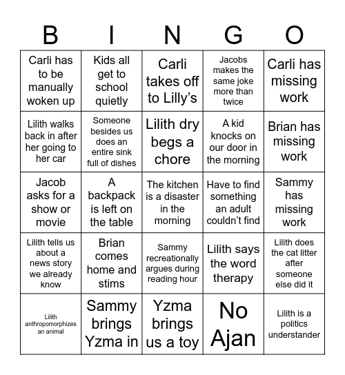 Weekday Bingo Card