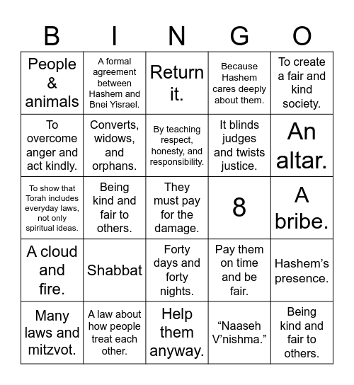 Parsha of the Week Mishpatim Bingo Card