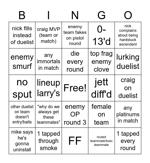 Mike and Nick Valorant Session Bingo Card