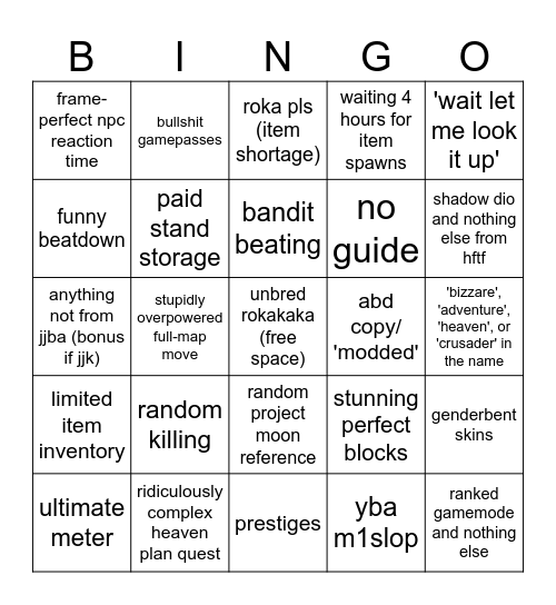 roblox jjba game bingo Card