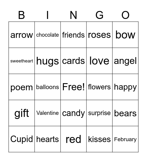 Valentine Words Bingo Card