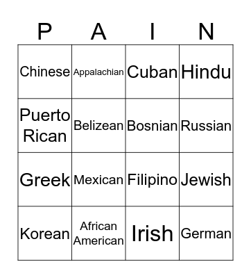 Cultural Differences to Pain Bingo Card