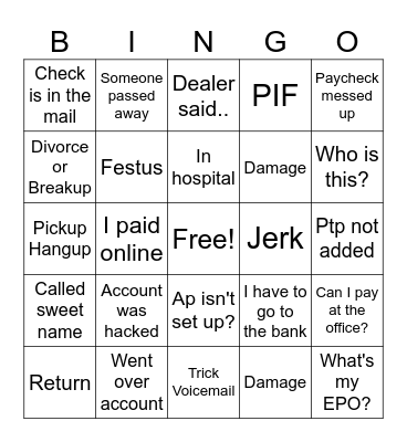 Call Sheet Bingo Card