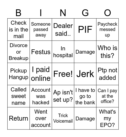 Call Sheet Bingo Card