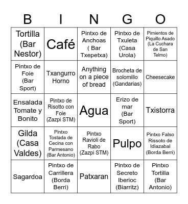 San Sebastián Pinxtos Scavenger Hunt Bingo Card