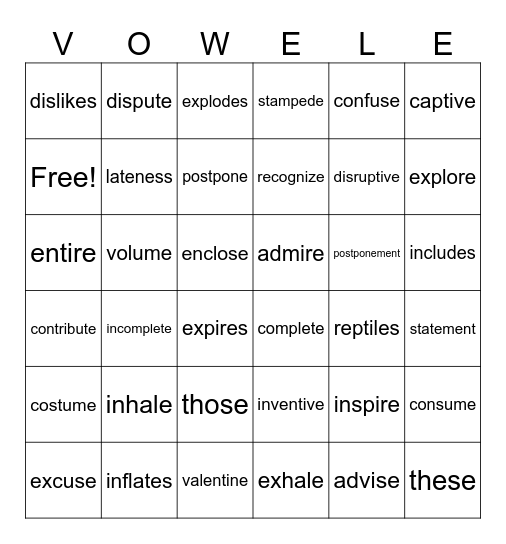 Vowel-Consonant-E Syllables L2U6 Bingo Card