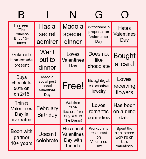 Virtual Valentine's Day Bingo Card