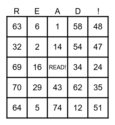 I LOVE TO READ Bingo Card