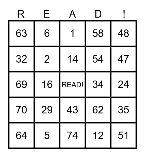 I LOVE TO READ Bingo Card