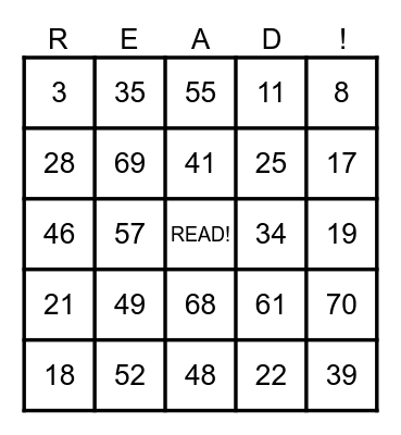 I LOVE TO READ Bingo Card