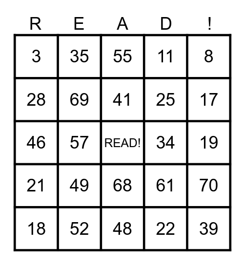 I LOVE TO READ Bingo Card