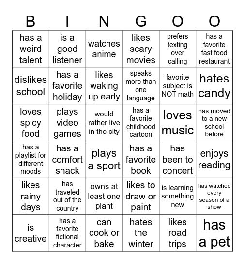 Get to Know You Bingo Card