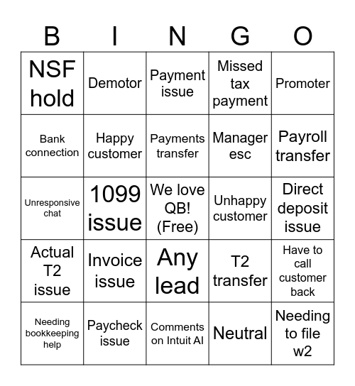 QuickBooks Bingo Card
