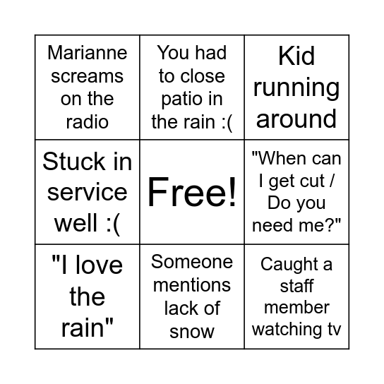 IT'S RAINING! Bingo Card