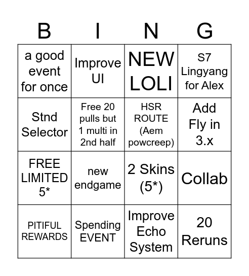 WUWA 2nd ANNIV Bingo Card
