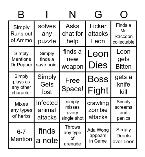 Resident Evil 2 Bingo Cards Bingo Card