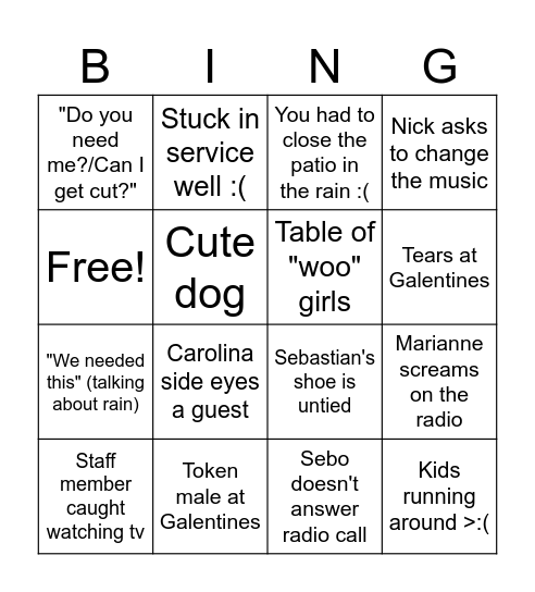 Avanti Adults Bingo Card