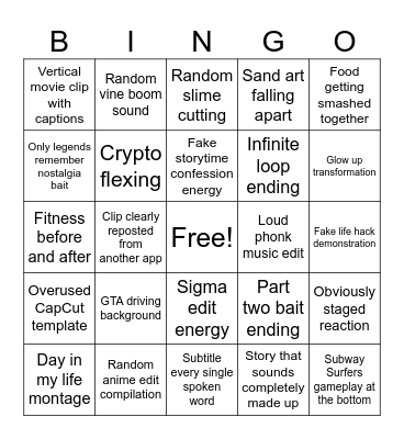 YT Shortingo Bingo Card