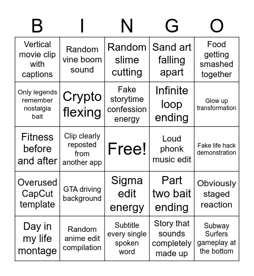 YT Shortingo Bingo Card