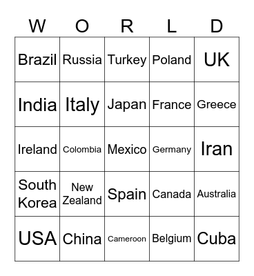 Countries Bingo Card