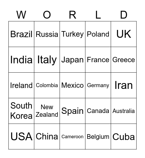 Countries Bingo Card