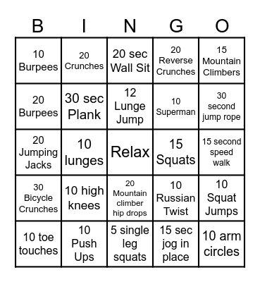 Exercise Bingo Card