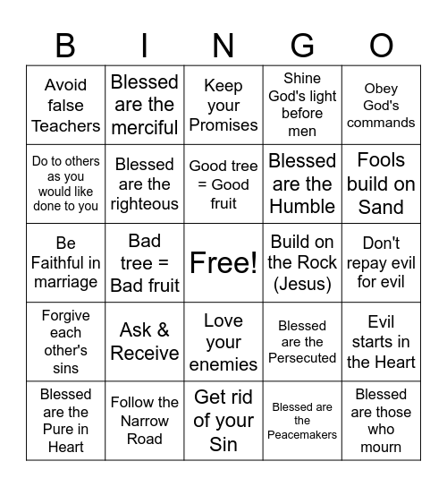 Sermon on the Mount Bingo Card