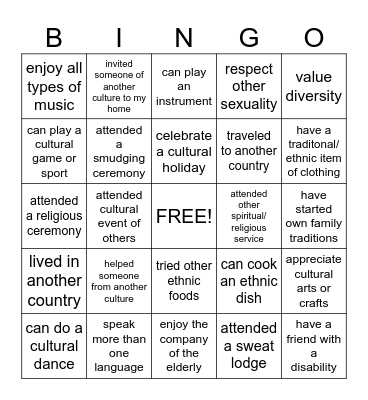Multi-Cultural Bingo Card