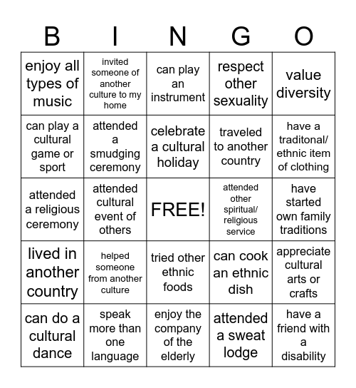 Multi-Cultural Bingo Card
