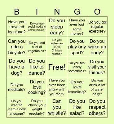 YES/NO BINGO PERSONAL QUESTIONS Bingo Card