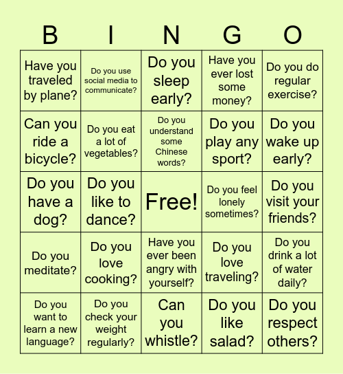 YES/NO BINGO PERSONAL QUESTIONS Bingo Card