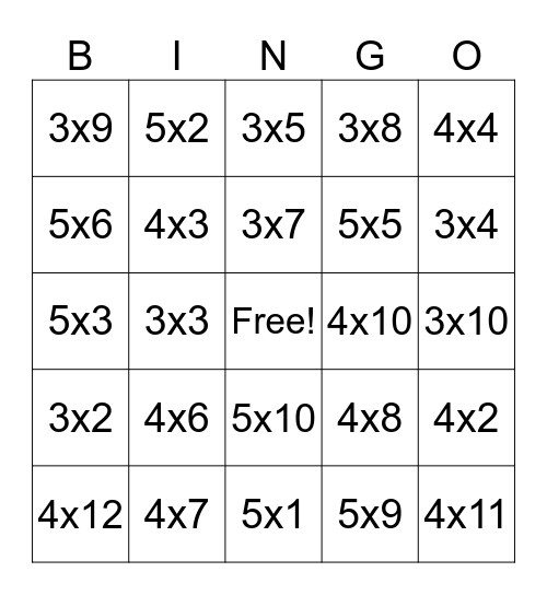 Multiplication, 3-5 X's Tables Bingo Card