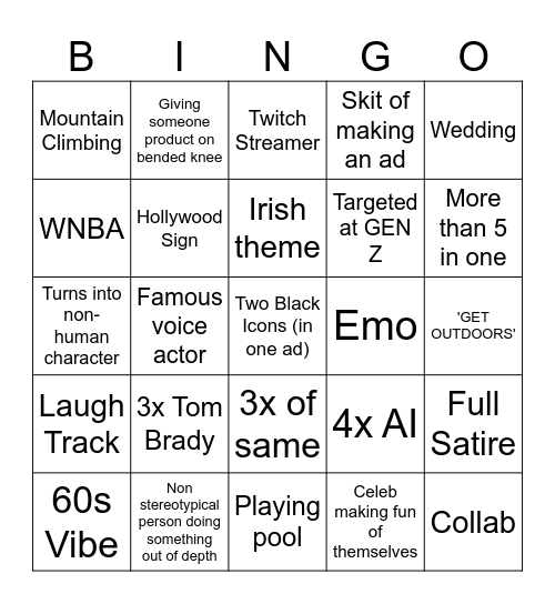 Super Bowl Bingo Card