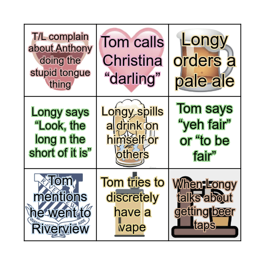 Tom & Longy’s Birthday Bingo Card