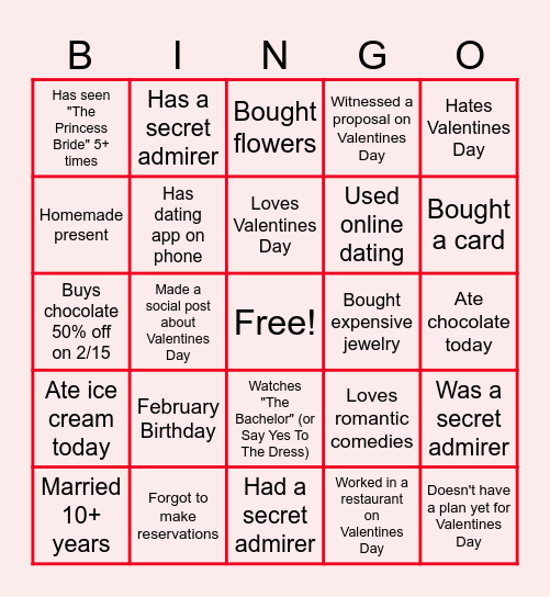 Virtual Valentine's Day Bingo Card