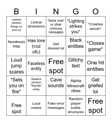 Shitty Minecraft ARG mod Bingo Card