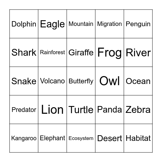 Animals and Nature Bingo Card