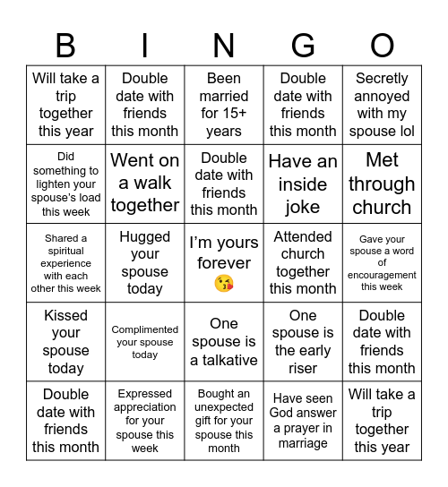Couples Bingo Card