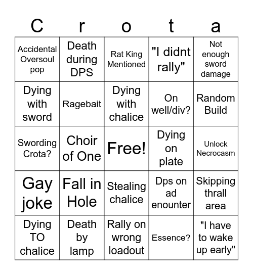 Crota Bingo Card