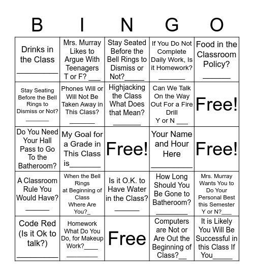 Classroom Bingo Card