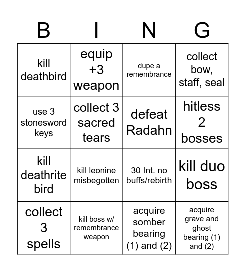 Elden Ring Bingo Card