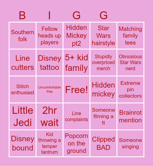 Disnyw bigo Bingo Card