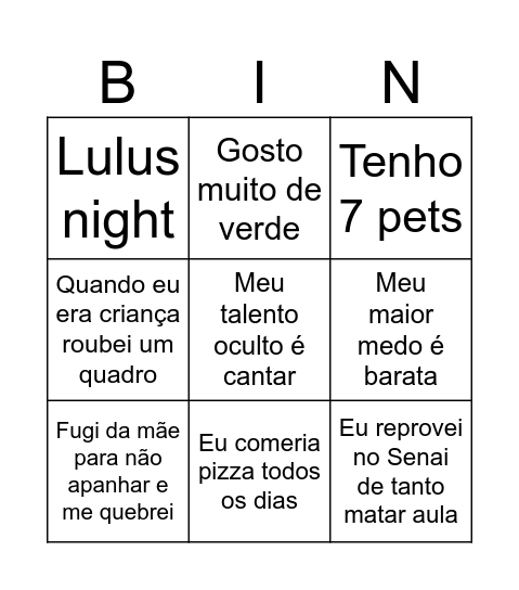 Bingo das Luluzinhas Bingo Card