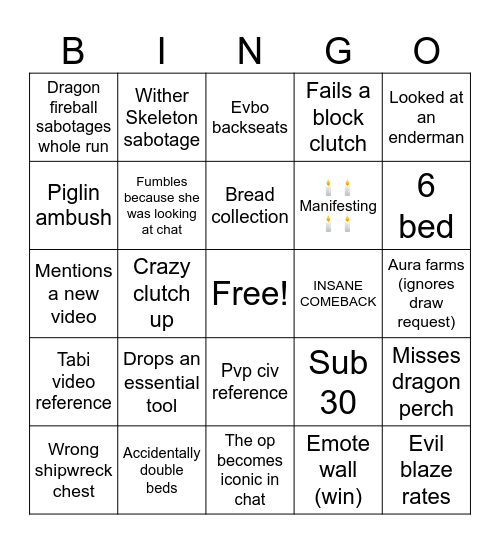 TABI MCSR STREAM Bingo Card